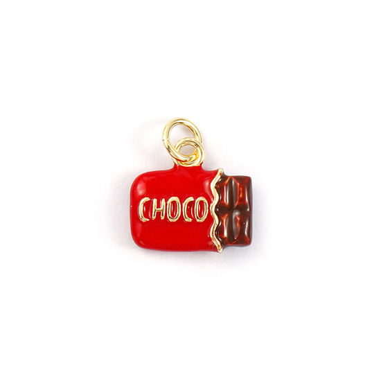 Immagine di 1 Piece Eco-friendly Brass Charms 18K Real Gold Plated Red Enamel Chocolate 3D 15mm x 13mm