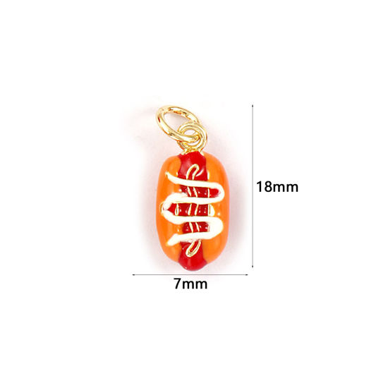 Immagine di 1 Piece Eco-friendly Brass Charms 18K Real Gold Plated Red Enamel Hot Dog 3D 18mm x 7mm