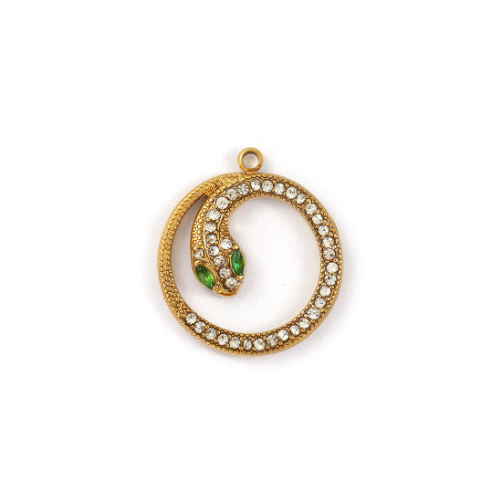 Immagine di 1 Piece Eco-friendly PVD Vacuum Plating 304 Stainless Steel Charms 18K Gold Plated Snake Animal Clear & Green Rhinestone 23mm x 20.5mm