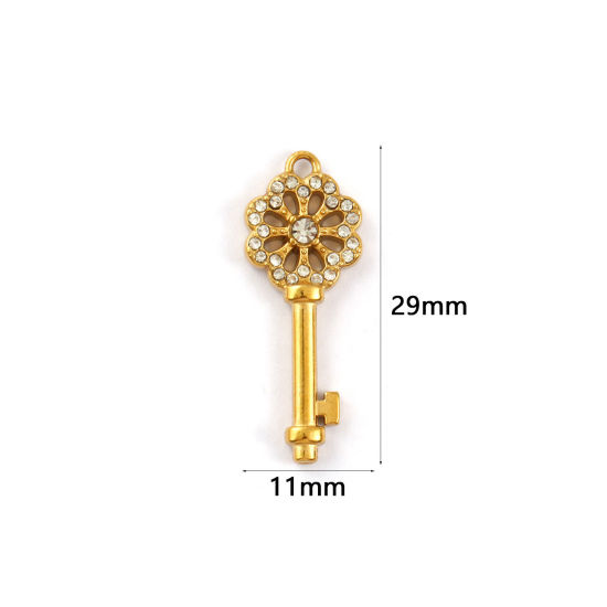 Bild von 1 Piece Eco-friendly PVD Vacuum Plating 304 Stainless Steel Charms 18K Gold Plated Key Flower Hollow Clear Rhinestone 29mm x 11mm