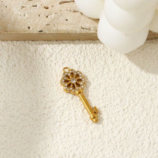 Bild von 1 Piece Eco-friendly PVD Vacuum Plating 304 Stainless Steel Charms 18K Gold Plated Key Flower Hollow Clear Rhinestone 29mm x 11mm