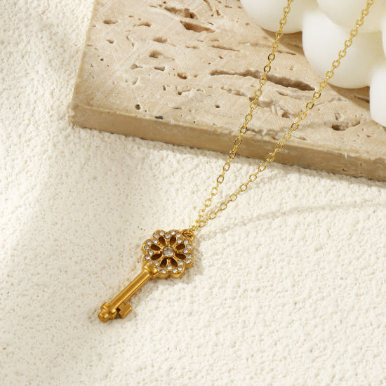 Bild von 1 Piece Eco-friendly PVD Vacuum Plating 304 Stainless Steel Charms 18K Gold Plated Key Flower Hollow Clear Rhinestone 29mm x 11mm