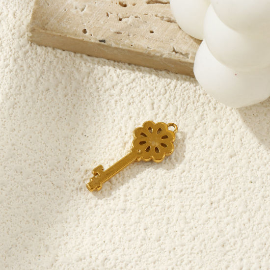 Bild von 1 Piece Eco-friendly PVD Vacuum Plating 304 Stainless Steel Charms 18K Gold Plated Key Flower Hollow Clear Rhinestone 29mm x 11mm