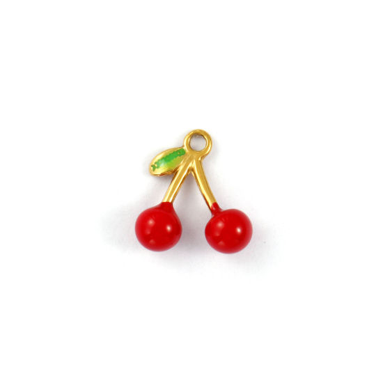 Immagine di 2 PCs Eco-friendly PVD Vacuum Plating 304 Stainless Steel Charms 18K Gold Plated Red Enamel Cherry Fruit 3D 13mm x 12mm