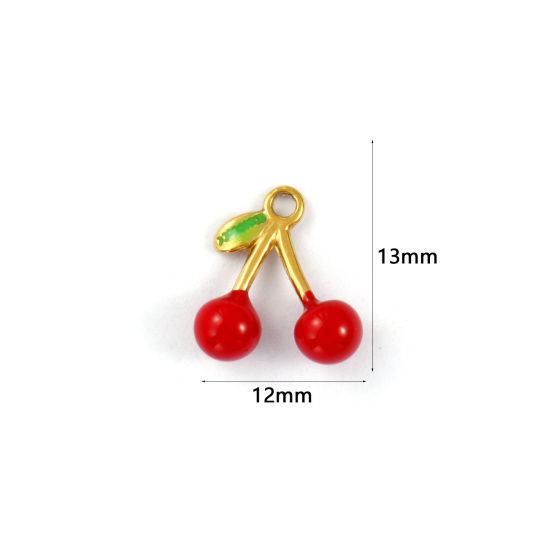 Immagine di 2 PCs Eco-friendly PVD Vacuum Plating 304 Stainless Steel Charms 18K Gold Plated Red Enamel Cherry Fruit 3D 13mm x 12mm
