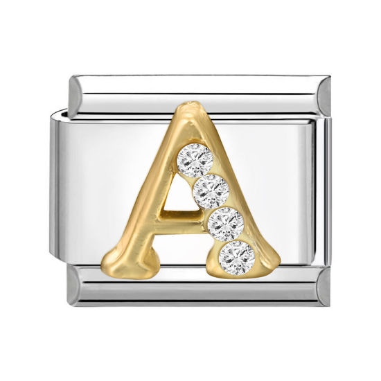 Immagine di 1 Pz 304 Acciaio Inossidabile Lettera Maiuscola Bracciale con Charm Italiano a Maglie, Creazione di Gioielli Fai-da-te Tono Argento Oro Rettangolo Messaggio " A " Trasparente Strass 10mm x 9mm