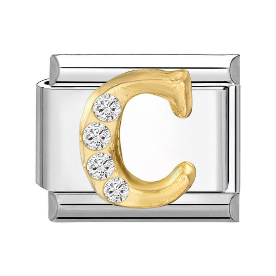 Immagine di 1 Pz 304 Acciaio Inossidabile Lettera Maiuscola Bracciale con Charm Italiano a Maglie, Creazione di Gioielli Fai-da-te Tono Argento Oro Rettangolo Messaggio " C " Trasparente Strass 10mm x 9mm