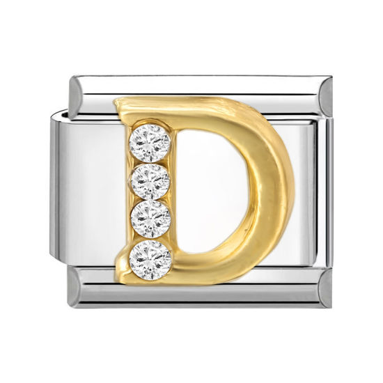 Immagine di 1 Pz 304 Acciaio Inossidabile Lettera Maiuscola Bracciale con Charm Italiano a Maglie, Creazione di Gioielli Fai-da-te Tono Argento Oro Rettangolo Messaggio " D " Trasparente Strass 10mm x 9mm