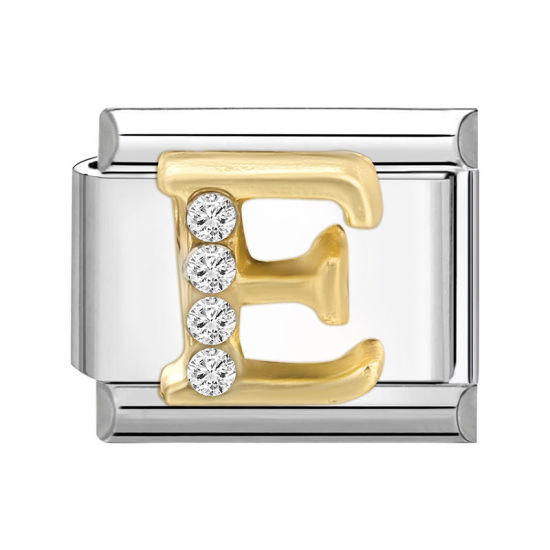 Immagine di 1 Pz 304 Acciaio Inossidabile Lettera Maiuscola Bracciale con Charm Italiano a Maglie, Creazione di Gioielli Fai-da-te Tono Argento Oro Rettangolo Messaggio " E " Trasparente Strass 10mm x 9mm