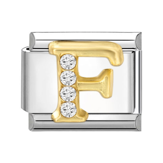 Immagine di 1 Pz 304 Acciaio Inossidabile Lettera Maiuscola Bracciale con Charm Italiano a Maglie, Creazione di Gioielli Fai-da-te Tono Argento Oro Rettangolo Messaggio " F " Trasparente Strass 10mm x 9mm