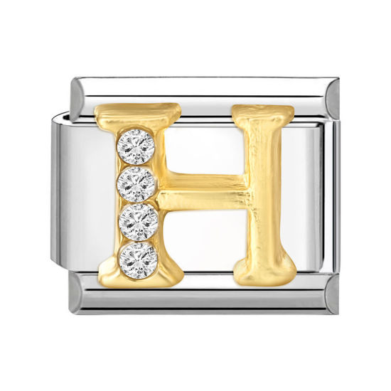 Immagine di 1 Pz 304 Acciaio Inossidabile Lettera Maiuscola Bracciale con Charm Italiano a Maglie, Creazione di Gioielli Fai-da-te Tono Argento Oro Rettangolo Messaggio " H " Trasparente Strass 10mm x 9mm