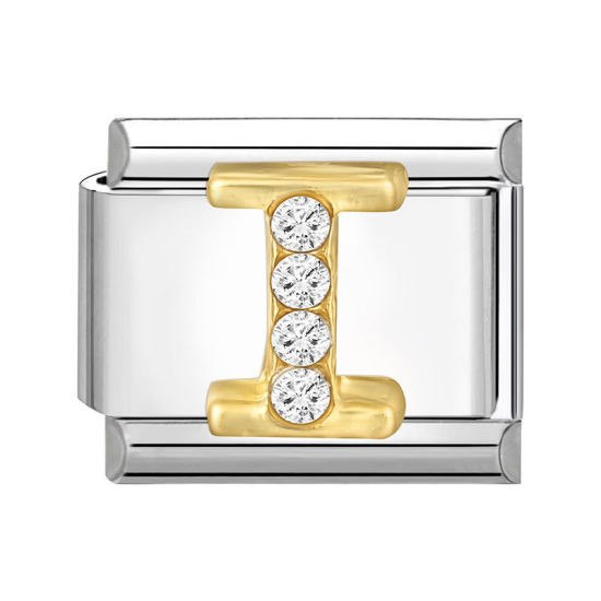 Immagine di 1 Pz 304 Acciaio Inossidabile Lettera Maiuscola Bracciale con Charm Italiano a Maglie, Creazione di Gioielli Fai-da-te Tono Argento Oro Rettangolo Messaggio " I " Trasparente Strass 10mm x 9mm