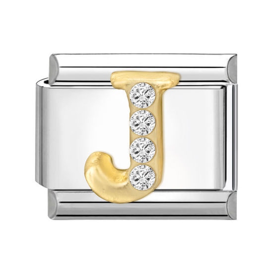 Immagine di 1 Pz 304 Acciaio Inossidabile Lettera Maiuscola Bracciale con Charm Italiano a Maglie, Creazione di Gioielli Fai-da-te Tono Argento Oro Rettangolo Messaggio " J " Trasparente Strass 10mm x 9mm