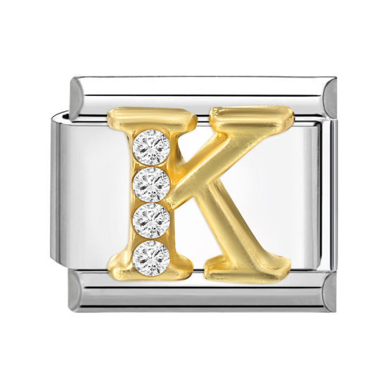 Immagine di 1 Pz 304 Acciaio Inossidabile Lettera Maiuscola Bracciale con Charm Italiano a Maglie, Creazione di Gioielli Fai-da-te Tono Argento Oro Rettangolo Messaggio " K " Trasparente Strass 10mm x 9mm
