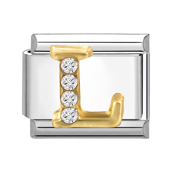 Immagine di 1 Pz 304 Acciaio Inossidabile Lettera Maiuscola Bracciale con Charm Italiano a Maglie, Creazione di Gioielli Fai-da-te Tono Argento Oro Rettangolo Messaggio " L " Trasparente Strass 10mm x 9mm