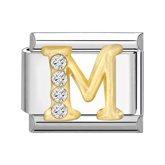 Immagine di 1 Pz 304 Acciaio Inossidabile Lettera Maiuscola Bracciale con Charm Italiano a Maglie, Creazione di Gioielli Fai-da-te Tono Argento Oro Rettangolo Messaggio " M " Trasparente Strass 10mm x 9mm