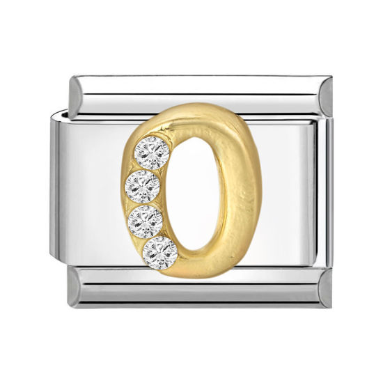 Immagine di 1 Pz 304 Acciaio Inossidabile Lettera Maiuscola Bracciale con Charm Italiano a Maglie, Creazione di Gioielli Fai-da-te Tono Argento Oro Rettangolo Messaggio " O " Trasparente Strass 10mm x 9mm