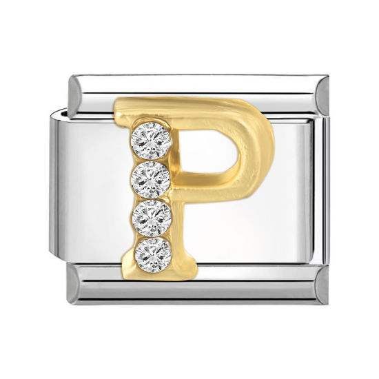 Immagine di 1 Pz 304 Acciaio Inossidabile Lettera Maiuscola Bracciale con Charm Italiano a Maglie, Creazione di Gioielli Fai-da-te Tono Argento Oro Rettangolo Messaggio " P " Trasparente Strass 10mm x 9mm