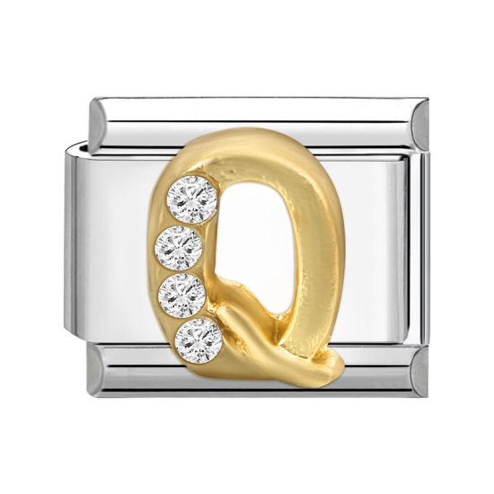 Immagine di 1 Pz 304 Acciaio Inossidabile Lettera Maiuscola Bracciale con Charm Italiano a Maglie, Creazione di Gioielli Fai-da-te Tono Argento Oro Rettangolo Messaggio " Q " Trasparente Strass 10mm x 9mm