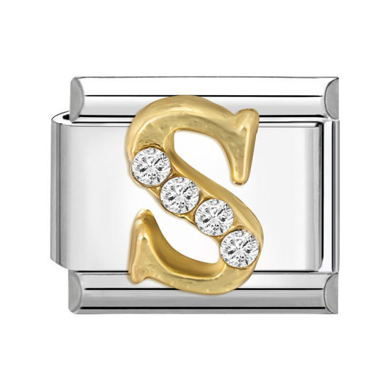 Immagine di 1 Pz 304 Acciaio Inossidabile Lettera Maiuscola Bracciale con Charm Italiano a Maglie, Creazione di Gioielli Fai-da-te Tono Argento Oro Rettangolo Messaggio " S " Trasparente Strass 10mm x 9mm