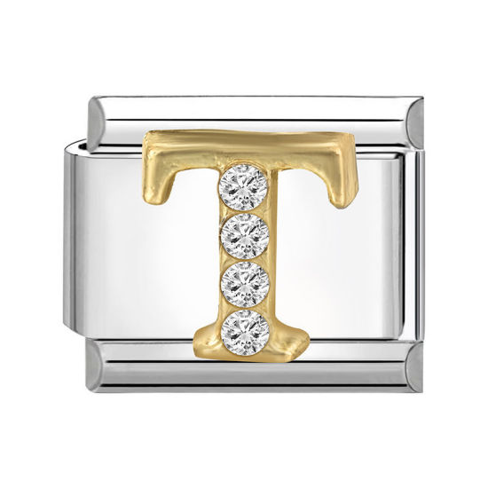 Immagine di 1 Pz 304 Acciaio Inossidabile Lettera Maiuscola Bracciale con Charm Italiano a Maglie, Creazione di Gioielli Fai-da-te Tono Argento Oro Rettangolo Messaggio " T " Trasparente Strass 10mm x 9mm
