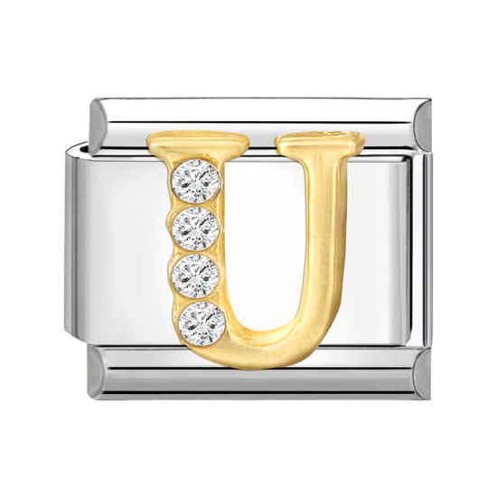 Immagine di 1 Pz 304 Acciaio Inossidabile Lettera Maiuscola Bracciale con Charm Italiano a Maglie, Creazione di Gioielli Fai-da-te Tono Argento Oro Rettangolo Messaggio " U " Trasparente Strass 10mm x 9mm