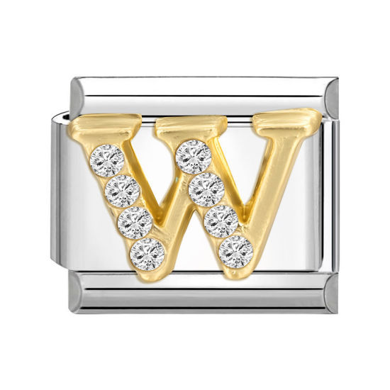 Immagine di 1 Pz 304 Acciaio Inossidabile Lettera Maiuscola Bracciale con Charm Italiano a Maglie, Creazione di Gioielli Fai-da-te Tono Argento Oro Rettangolo Messaggio " W " Trasparente Strass 10mm x 9mm
