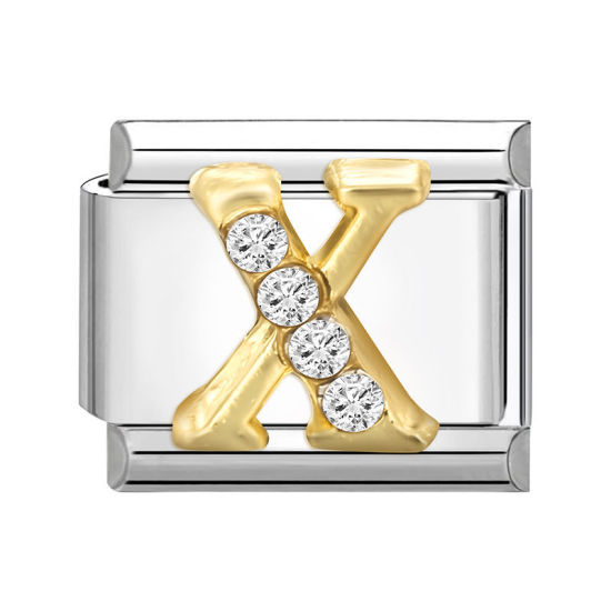 Immagine di 1 Pz 304 Acciaio Inossidabile Lettera Maiuscola Bracciale con Charm Italiano a Maglie, Creazione di Gioielli Fai-da-te Tono Argento Oro Rettangolo Messaggio " X " Trasparente Strass 10mm x 9mm