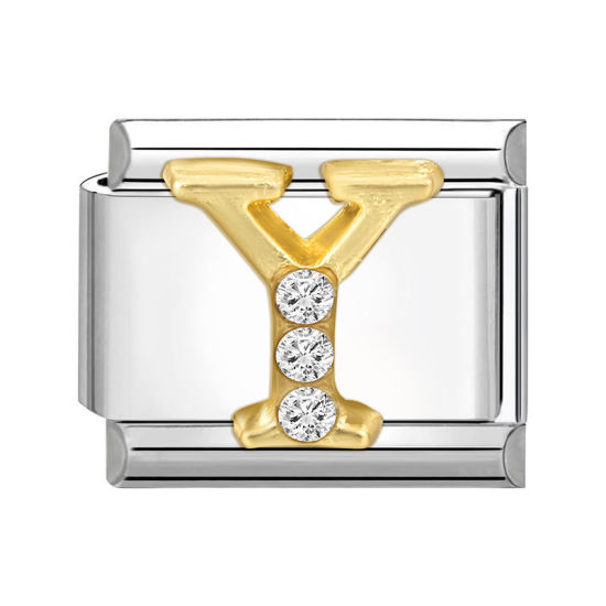 Immagine di 1 Pz 304 Acciaio Inossidabile Lettera Maiuscola Bracciale con Charm Italiano a Maglie, Creazione di Gioielli Fai-da-te Tono Argento Oro Rettangolo Messaggio " Y " Trasparente Strass 10mm x 9mm