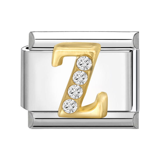 Immagine di 1 Pz 304 Acciaio Inossidabile Lettera Maiuscola Bracciale con Charm Italiano a Maglie, Creazione di Gioielli Fai-da-te Tono Argento Oro Rettangolo Messaggio " Z " Trasparente Strass 10mm x 9mm