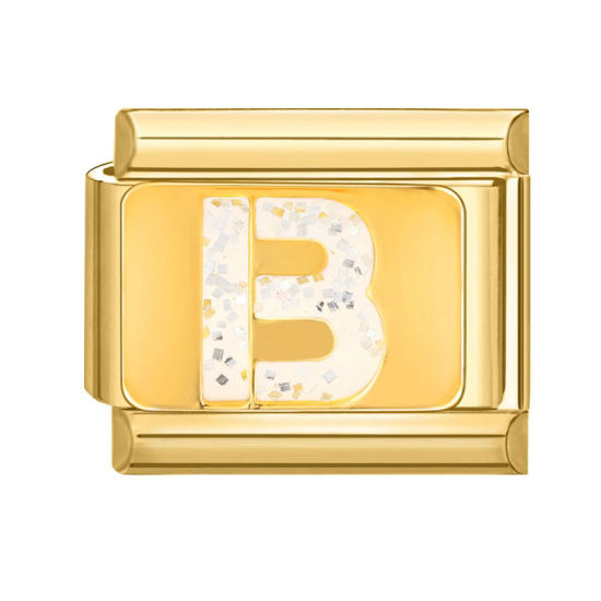 Bild von 1 Stück 304 Edelstahl Großbuchstaben Charm-Armband mit italienischen Gliedern zur Herstellung von DIY-Schmuck Vergoldet Weiß Emaille Rechteck Message " B " Paillette 10mm x 9mm
