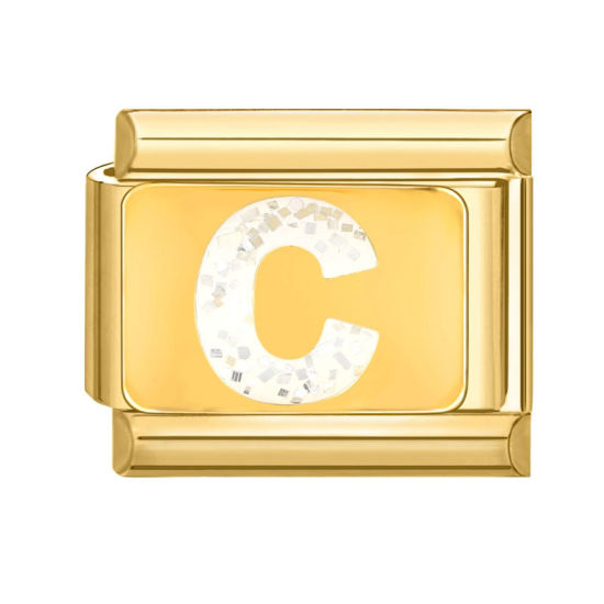 Bild von 1 Stück 304 Edelstahl Großbuchstaben Charm-Armband mit italienischen Gliedern zur Herstellung von DIY-Schmuck Vergoldet Weiß Emaille Rechteck Message " C " Paillette 10mm x 9mm