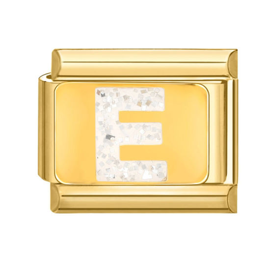 Bild von 1 Stück 304 Edelstahl Großbuchstaben Charm-Armband mit italienischen Gliedern zur Herstellung von DIY-Schmuck Vergoldet Weiß Emaille Rechteck Message " E " Paillette 10mm x 9mm