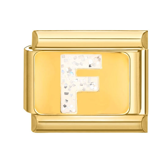 Bild von 1 Stück 304 Edelstahl Großbuchstaben Charm-Armband mit italienischen Gliedern zur Herstellung von DIY-Schmuck Vergoldet Weiß Emaille Rechteck Message " F " Paillette 10mm x 9mm