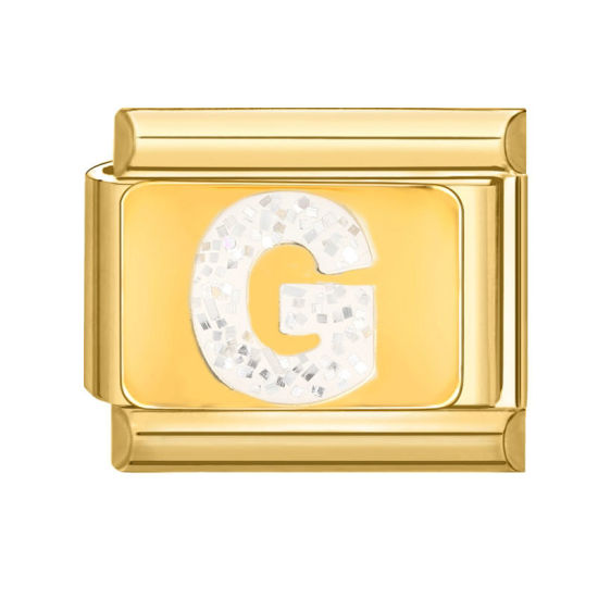 Bild von 1 Stück 304 Edelstahl Großbuchstaben Charm-Armband mit italienischen Gliedern zur Herstellung von DIY-Schmuck Vergoldet Weiß Emaille Rechteck Message " G " Paillette 10mm x 9mm