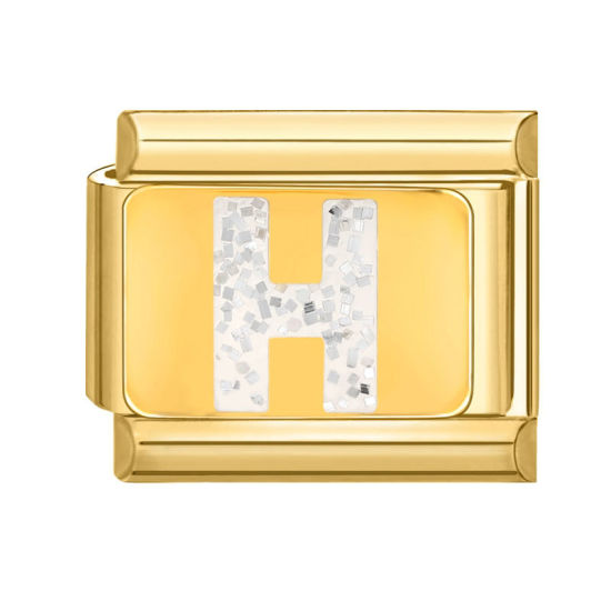 Bild von 1 Stück 304 Edelstahl Großbuchstaben Charm-Armband mit italienischen Gliedern zur Herstellung von DIY-Schmuck Vergoldet Weiß Emaille Rechteck Message " H " Paillette 10mm x 9mm