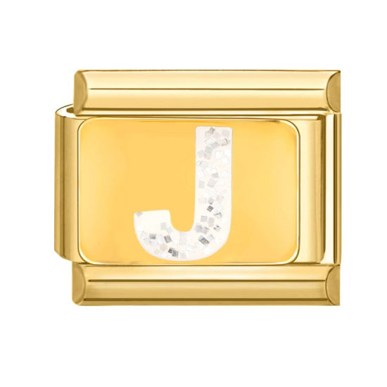 Bild von 1 Stück 304 Edelstahl Großbuchstaben Charm-Armband mit italienischen Gliedern zur Herstellung von DIY-Schmuck Vergoldet Weiß Emaille Rechteck Message " J " Paillette 10mm x 9mm