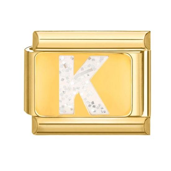Bild von 1 Stück 304 Edelstahl Großbuchstaben Charm-Armband mit italienischen Gliedern zur Herstellung von DIY-Schmuck Vergoldet Weiß Emaille Rechteck Message " K " Paillette 10mm x 9mm