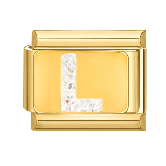 Bild von 1 Stück 304 Edelstahl Großbuchstaben Charm-Armband mit italienischen Gliedern zur Herstellung von DIY-Schmuck Vergoldet Weiß Emaille Rechteck Message " L " Paillette 10mm x 9mm
