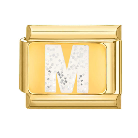 Bild von 1 Stück 304 Edelstahl Großbuchstaben Charm-Armband mit italienischen Gliedern zur Herstellung von DIY-Schmuck Vergoldet Weiß Emaille Rechteck Message " M " Paillette 10mm x 9mm