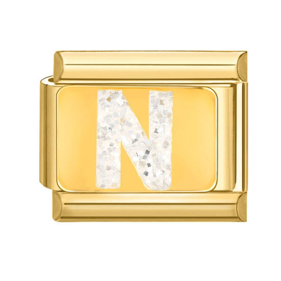 Bild von 1 Stück 304 Edelstahl Großbuchstaben Charm-Armband mit italienischen Gliedern zur Herstellung von DIY-Schmuck Vergoldet Weiß Emaille Rechteck Message " N " Paillette 10mm x 9mm