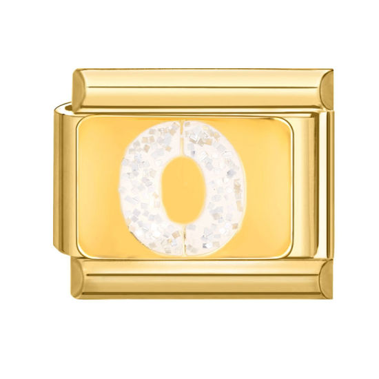 Bild von 1 Stück 304 Edelstahl Großbuchstaben Charm-Armband mit italienischen Gliedern zur Herstellung von DIY-Schmuck Vergoldet Weiß Emaille Rechteck Message " O " Paillette 10mm x 9mm
