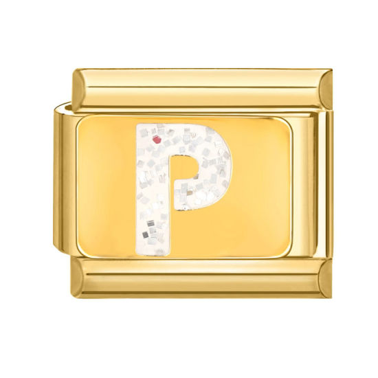 Bild von 1 Stück 304 Edelstahl Großbuchstaben Charm-Armband mit italienischen Gliedern zur Herstellung von DIY-Schmuck Vergoldet Weiß Emaille Rechteck Message " P " Paillette 10mm x 9mm