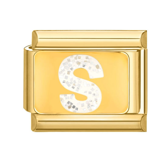 Bild von 1 Stück 304 Edelstahl Großbuchstaben Charm-Armband mit italienischen Gliedern zur Herstellung von DIY-Schmuck Vergoldet Weiß Emaille Rechteck Message " S " Paillette 10mm x 9mm