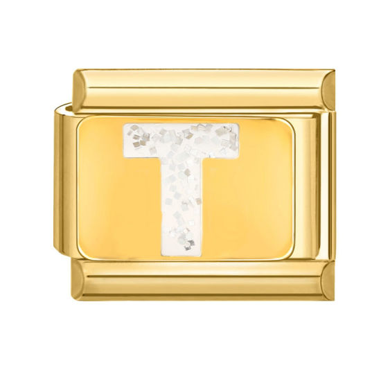 Bild von 1 Stück 304 Edelstahl Großbuchstaben Charm-Armband mit italienischen Gliedern zur Herstellung von DIY-Schmuck Vergoldet Weiß Emaille Rechteck Message " T " Paillette 10mm x 9mm
