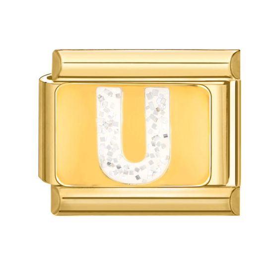 Bild von 1 Stück 304 Edelstahl Großbuchstaben Charm-Armband mit italienischen Gliedern zur Herstellung von DIY-Schmuck Vergoldet Weiß Emaille Rechteck Message " U " Paillette 10mm x 9mm
