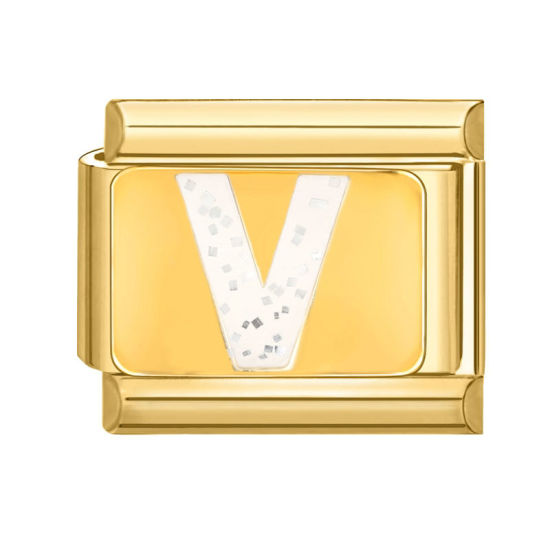 Bild von 1 Stück 304 Edelstahl Großbuchstaben Charm-Armband mit italienischen Gliedern zur Herstellung von DIY-Schmuck Vergoldet Weiß Emaille Rechteck Message " V " Paillette 10mm x 9mm