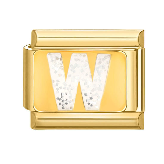 Bild von 1 Stück 304 Edelstahl Großbuchstaben Charm-Armband mit italienischen Gliedern zur Herstellung von DIY-Schmuck Vergoldet Weiß Emaille Rechteck Message " W " Paillette 10mm x 9mm