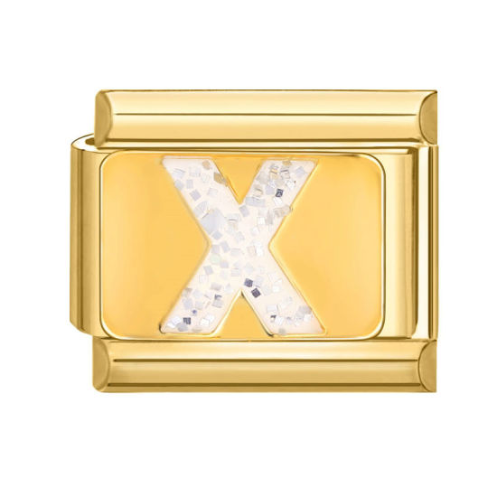 Bild von 1 Stück 304 Edelstahl Großbuchstaben Charm-Armband mit italienischen Gliedern zur Herstellung von DIY-Schmuck Vergoldet Weiß Emaille Rechteck Message " X " Paillette 10mm x 9mm