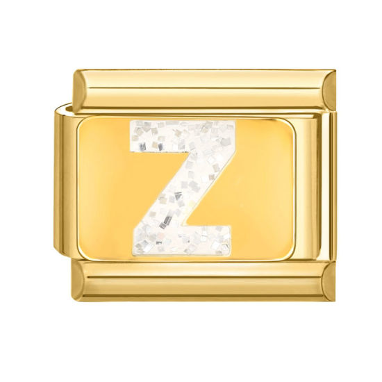 Bild von 1 Stück 304 Edelstahl Großbuchstaben Charm-Armband mit italienischen Gliedern zur Herstellung von DIY-Schmuck Vergoldet Weiß Emaille Rechteck Message " Z " Paillette 10mm x 9mm